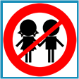 Graphic representation of black silhouette of two children holding hands with the universal "NO" sign on top.