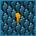 Graphical representation of a crowd of people colored blue with one individual in yellow with his hand raised.
